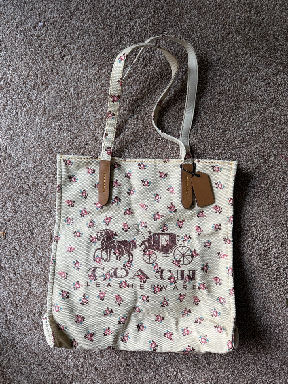 Coach Cream Canvas Tote with Pink Floral Print